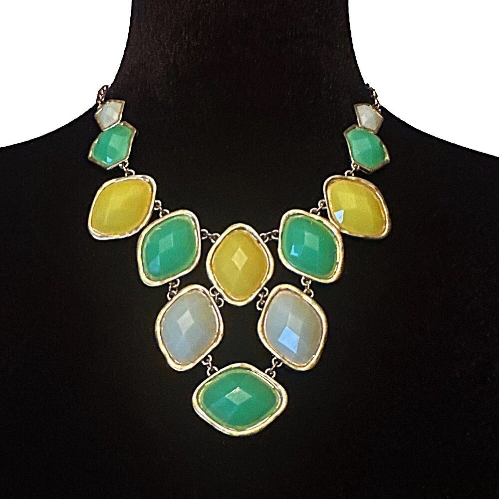 Statement Necklace Bib Style Green Yellow Gold Tone Adjustable Length